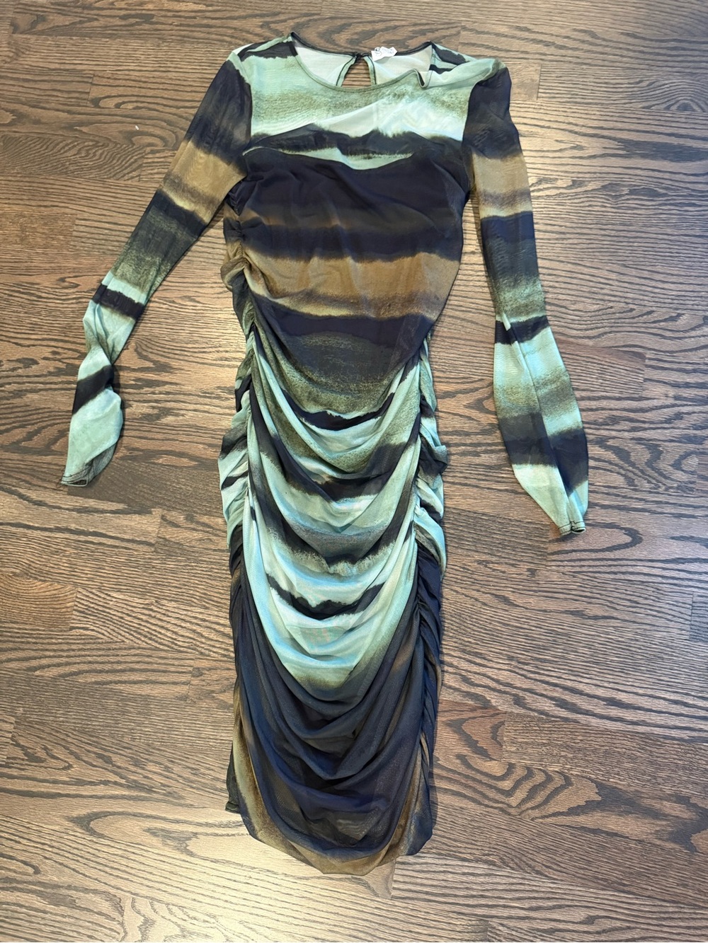 Antropologie rushed Long Sleeve Green & Black Midi Dress